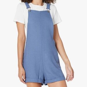 Women's Cotton Linen Short Overalls Cute Blue Bib Romper with Pockets size 2XL